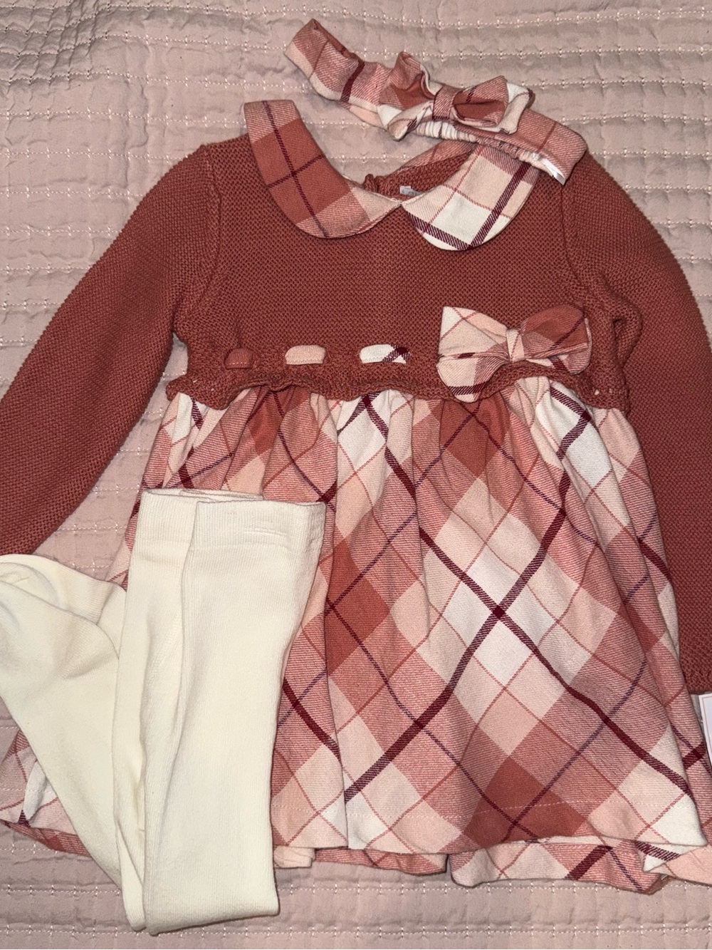 Shabby Chic Dusty Rose Plaid Knit Dress | Katie M. Gold Appliqué Floral Dress